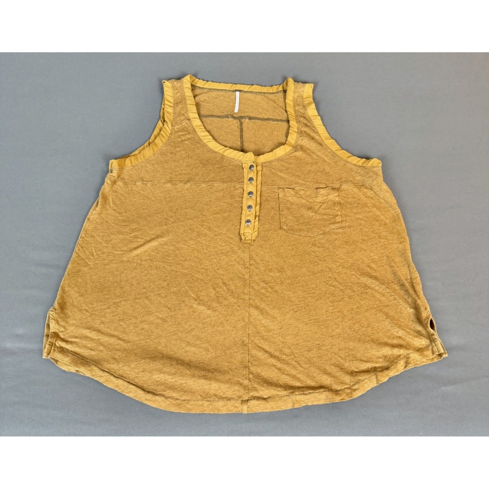 Free People Tank Top Women Large Mustard Yellow Linen Henley Pocket
